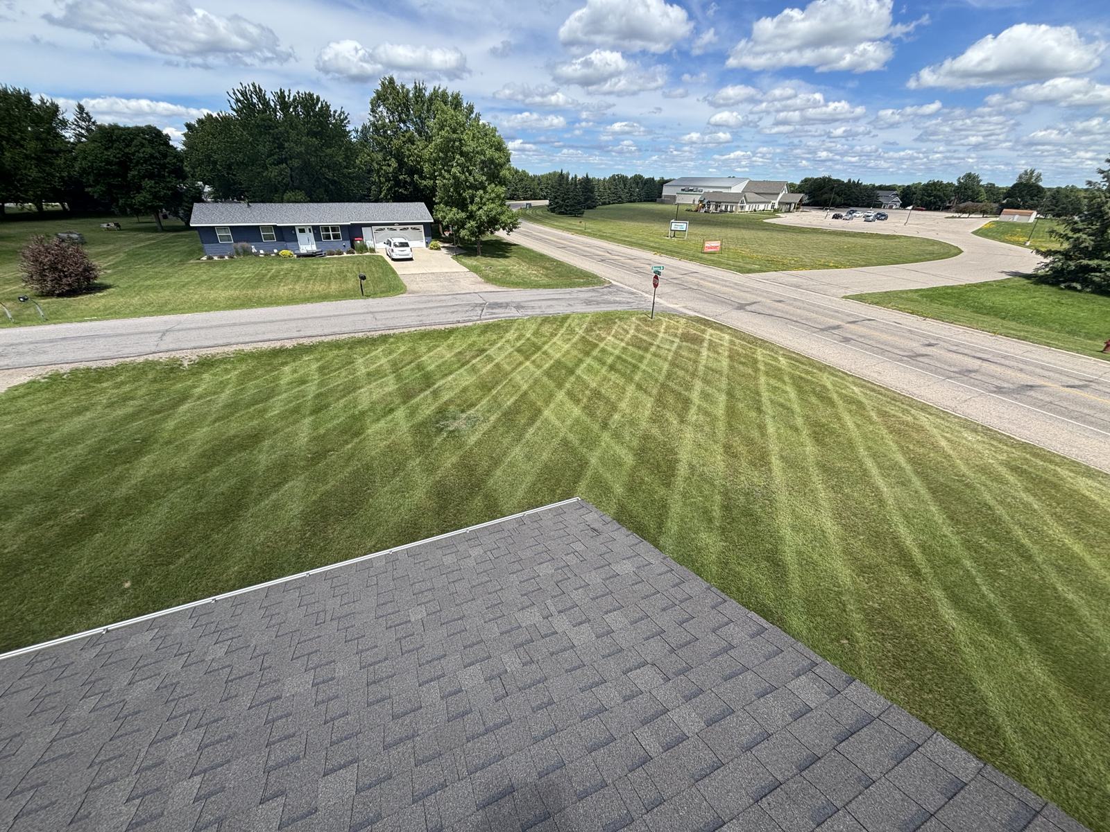 Striped lawn seen from a rooftop